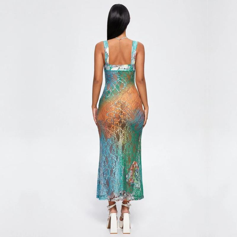 Cut Out Lace Spaghetti Ombre Maxi Dress - Casual Summer Womenswear, Sleeveless Design, Comfortable Fit, Ideal for Summer Wear