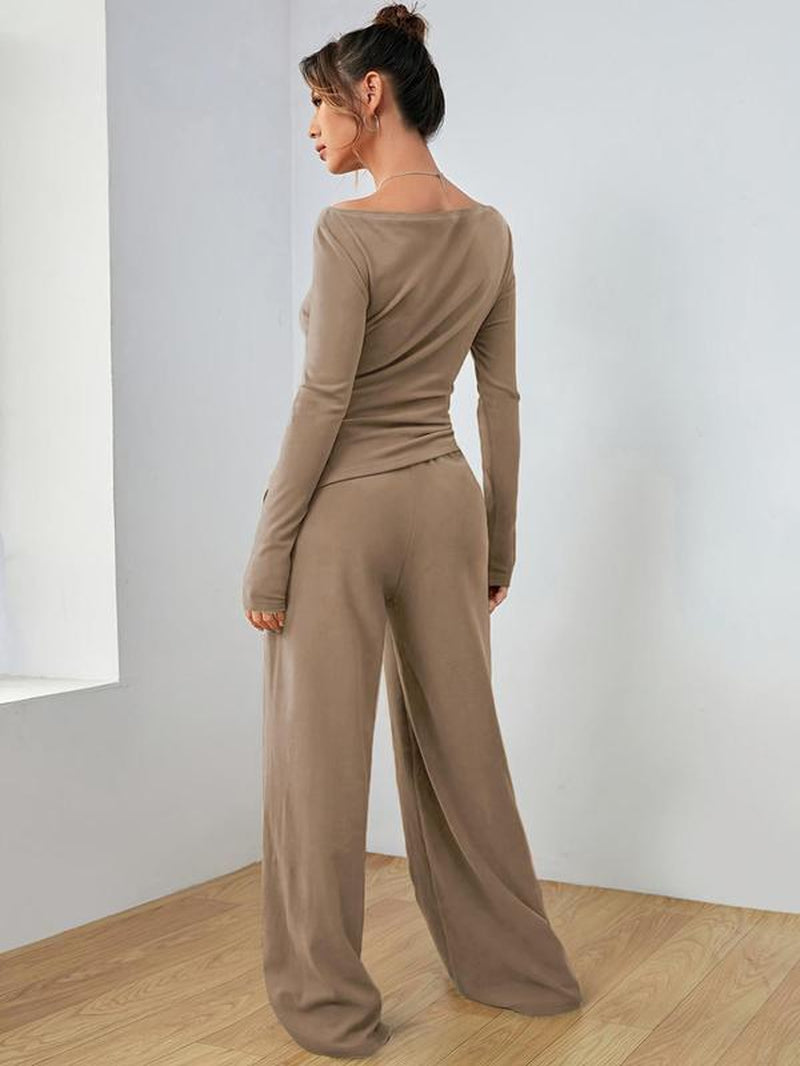 Elevé Luxe Two-Piece Set – Wide-Leg Pocket Trousers & Long-Sleeve Round Neck Top