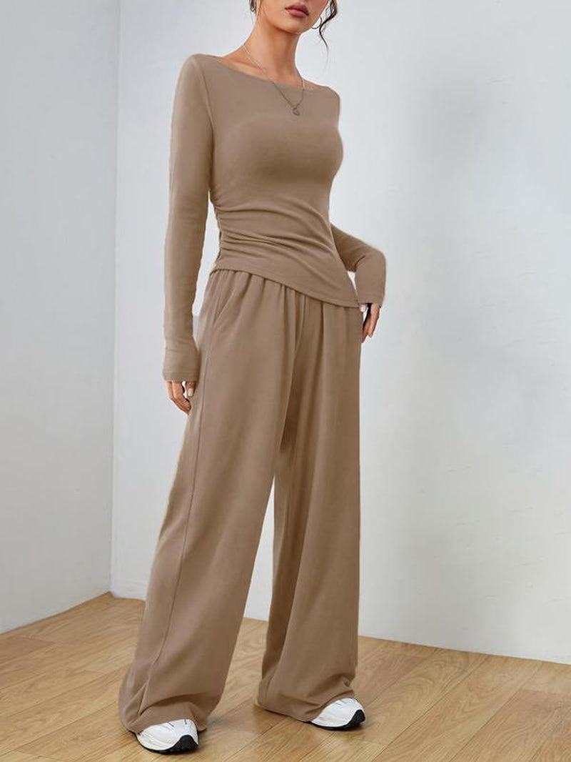 Elevé Luxe Two-Piece Set – Wide-Leg Pocket Trousers & Long-Sleeve Round Neck Top