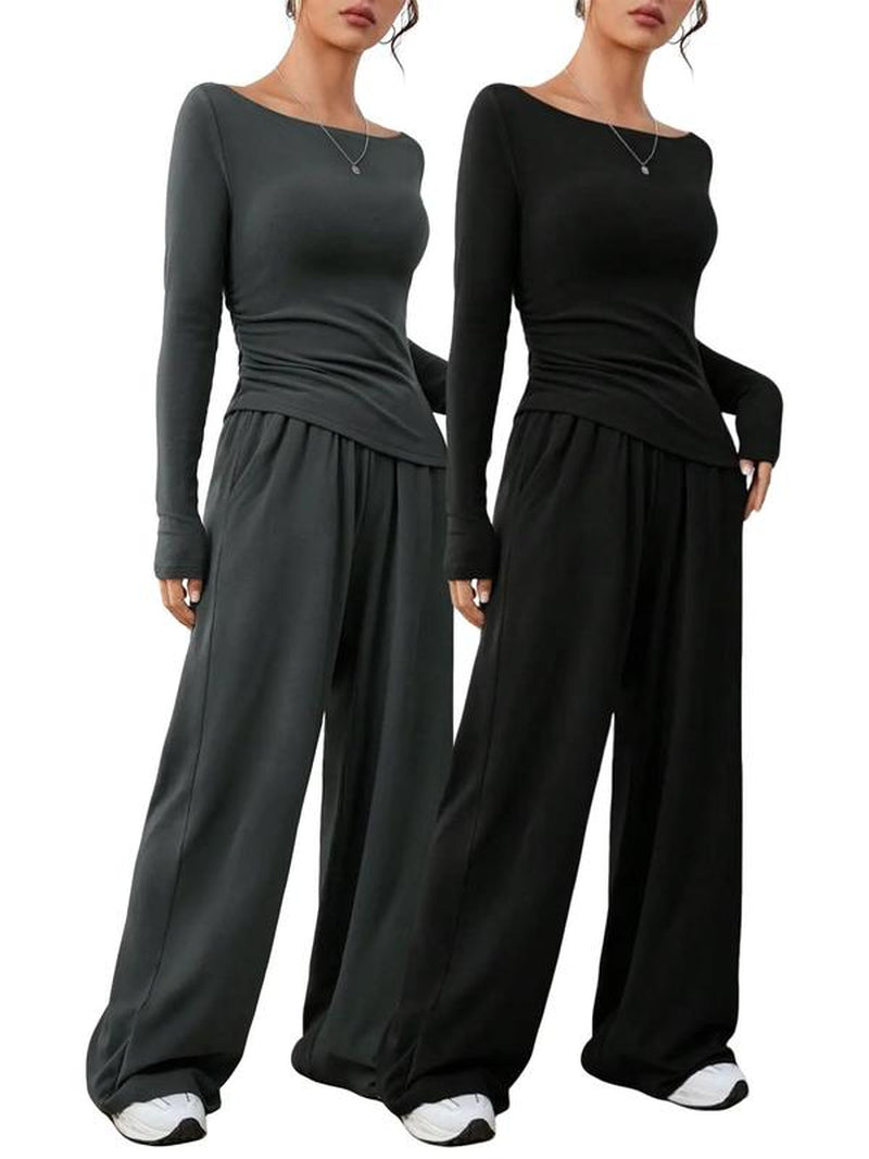 Elevé Luxe Two-Piece Set – Wide-Leg Pocket Trousers & Long-Sleeve Round Neck Top