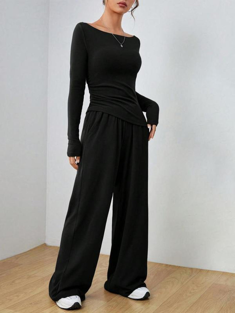 Elevé Luxe Two-Piece Set – Wide-Leg Pocket Trousers & Long-Sleeve Round Neck Top