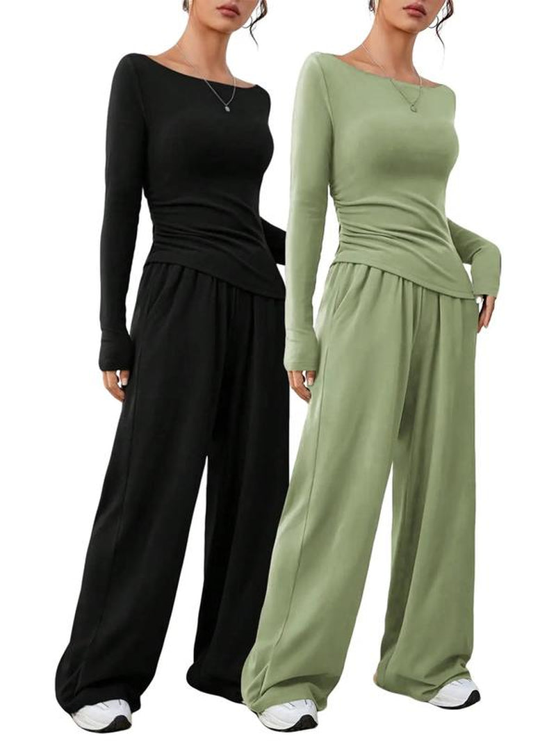 Elevé Luxe Two-Piece Set – Wide-Leg Pocket Trousers & Long-Sleeve Round Neck Top