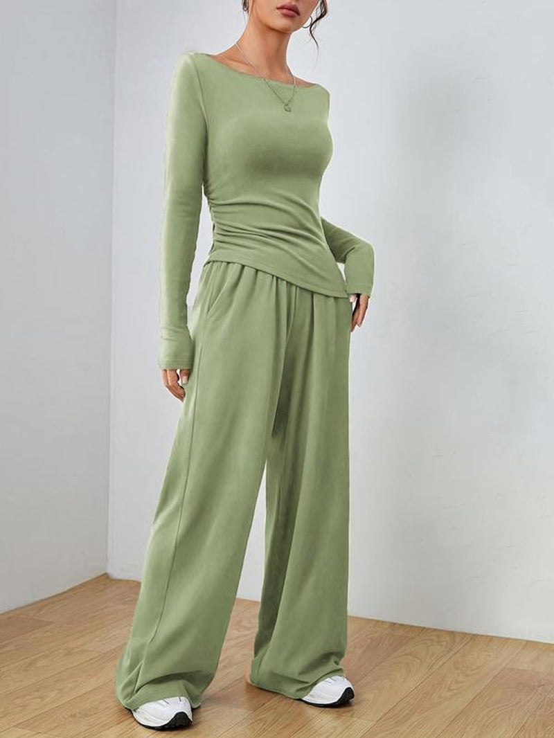 Elevé Luxe Two-Piece Set – Wide-Leg Pocket Trousers & Long-Sleeve Round Neck Top