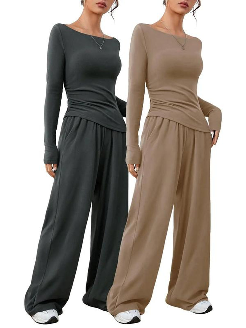 Elevé Luxe Two-Piece Set – Wide-Leg Pocket Trousers & Long-Sleeve Round Neck Top