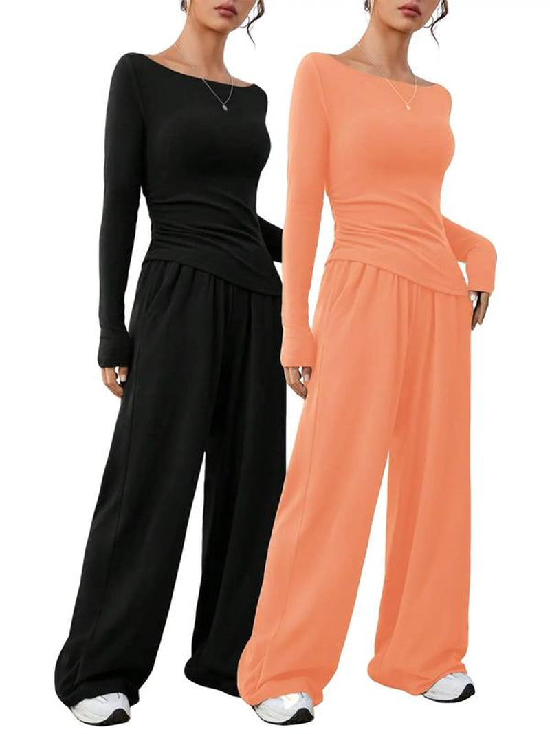 Elevé Luxe Two-Piece Set – Wide-Leg Pocket Trousers & Long-Sleeve Round Neck Top