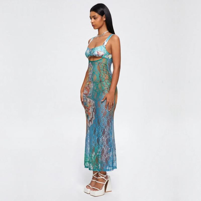 Cut Out Lace Spaghetti Ombre Maxi Dress - Casual Summer Womenswear, Sleeveless Design, Comfortable Fit, Ideal for Summer Wear