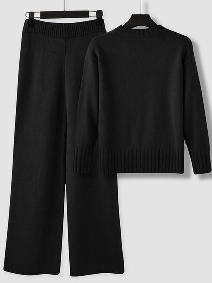 Two-Piece Set Women'S Plain High Low Split Hem Sweater & Tie Front Wide Leg Knit Pants, Casual Fashion Cozy Knitwear Set for Daily Outdoor Wear, Women Knitwear for Fall & Winter