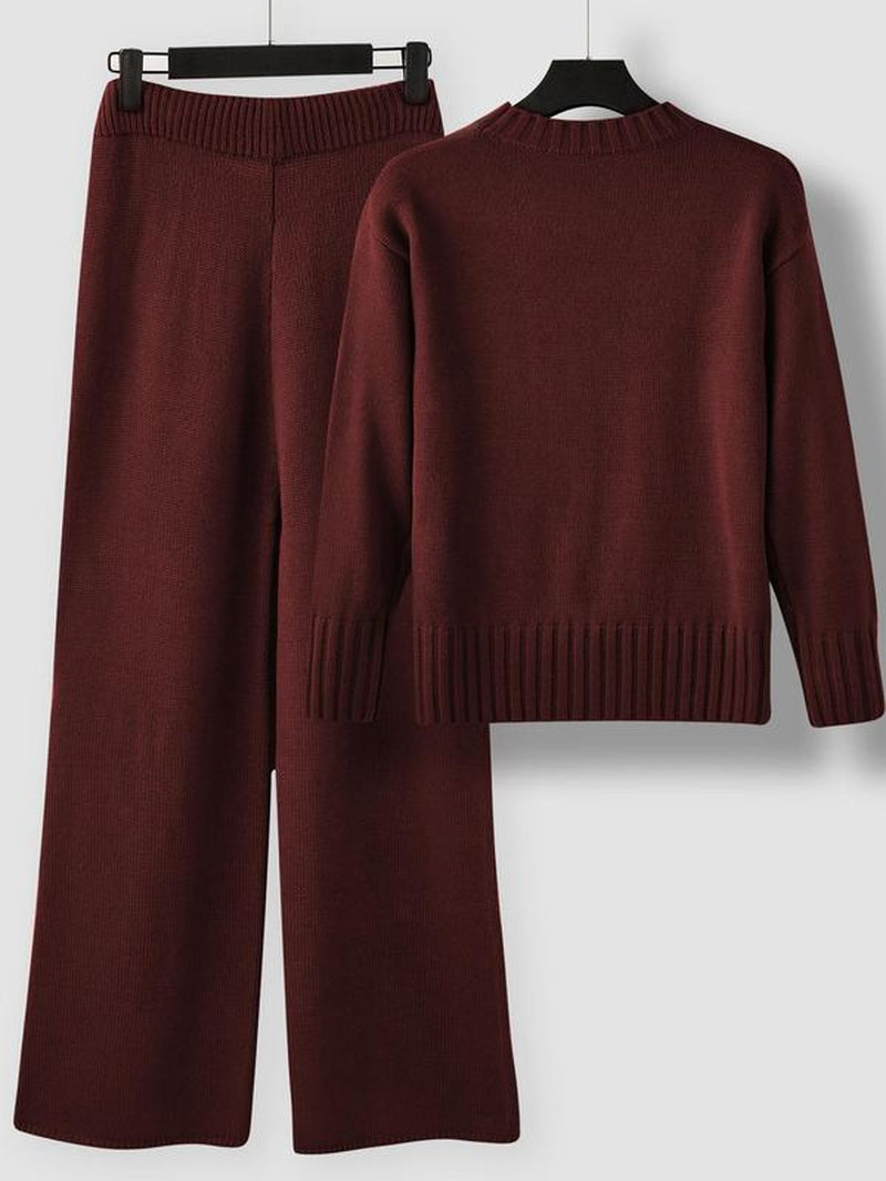 Two-Piece Set Women'S Plain High Low Split Hem Sweater & Tie Front Wide Leg Knit Pants, Casual Fashion Cozy Knitwear Set for Daily Outdoor Wear, Women Knitwear for Fall & Winter